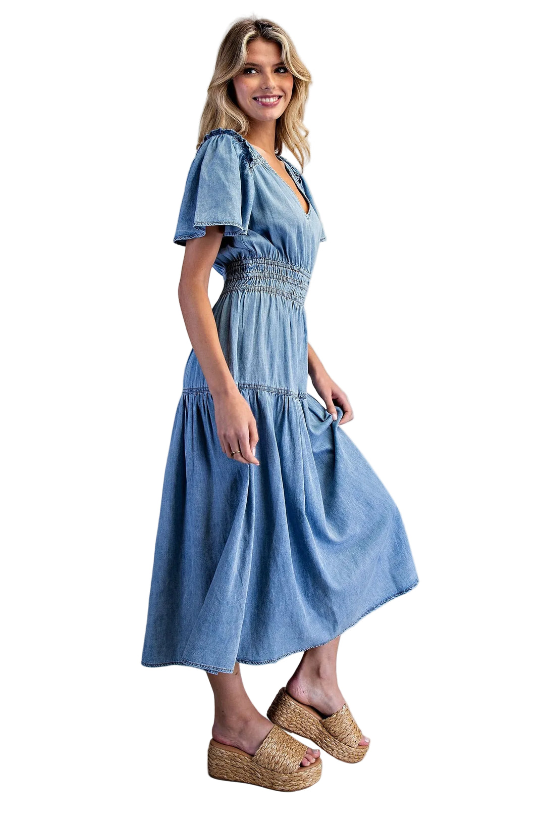 SNOW WASHED SMOCKED V-NECK MIDI DRESS - DENIM