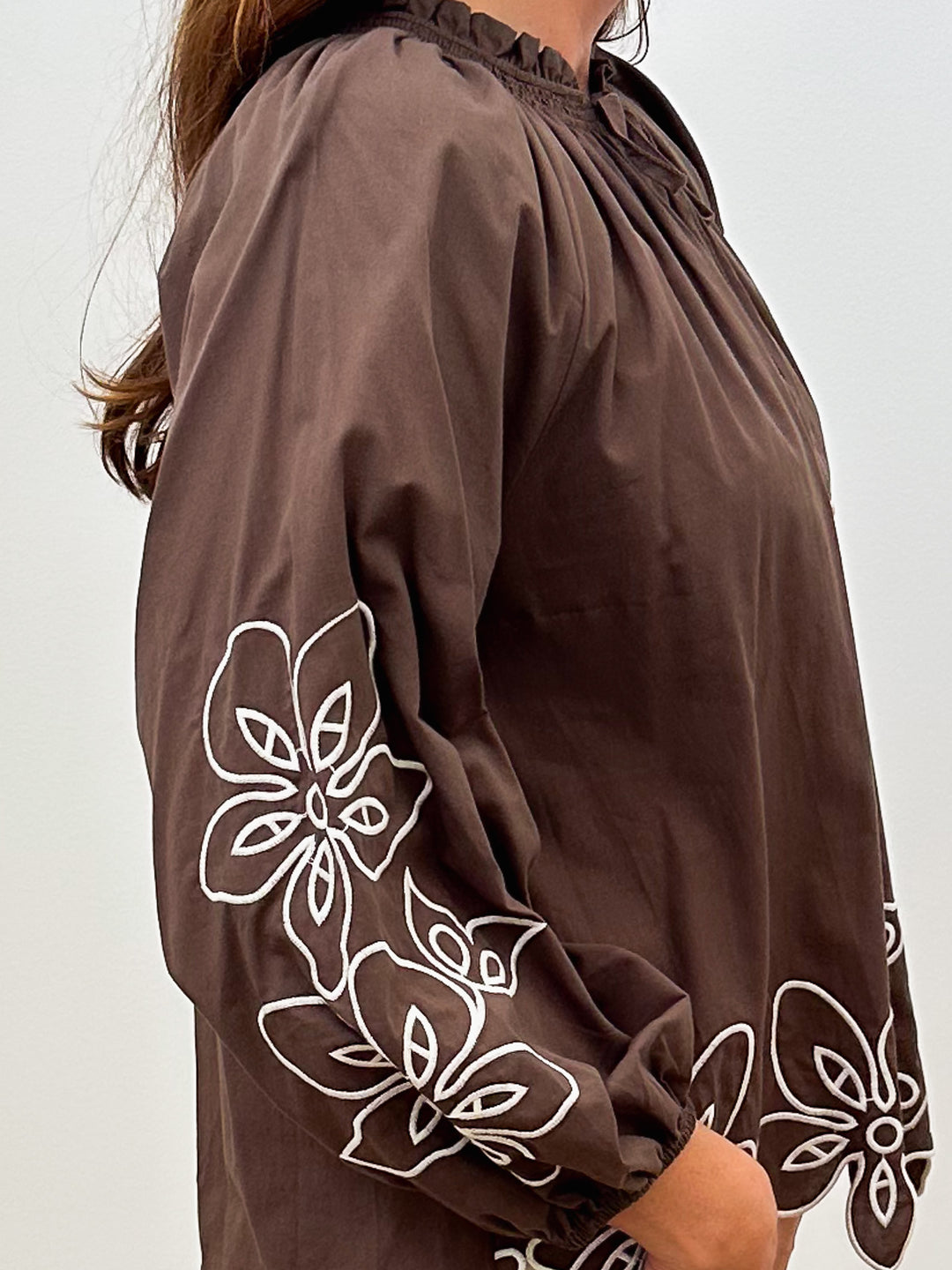L/S RUFFLE NECK SELF TIE EMBROIDERED BLOUSE - BROWN