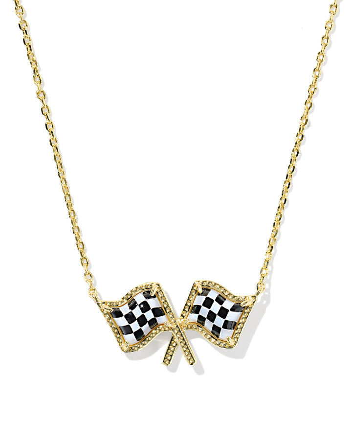KENDRA SCOTT CHECKERED FLAG SHORT PENDANT NECKLACE - GOLD WHITE MOTHER OF PEARL