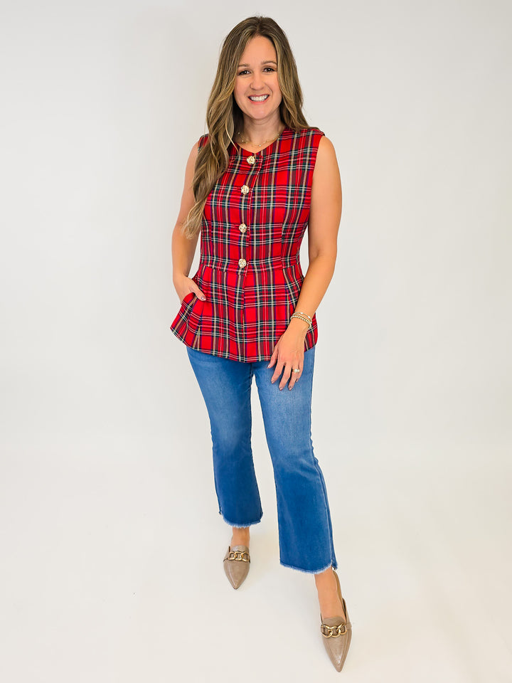 PLAID SLEEVELESS VEST - RED