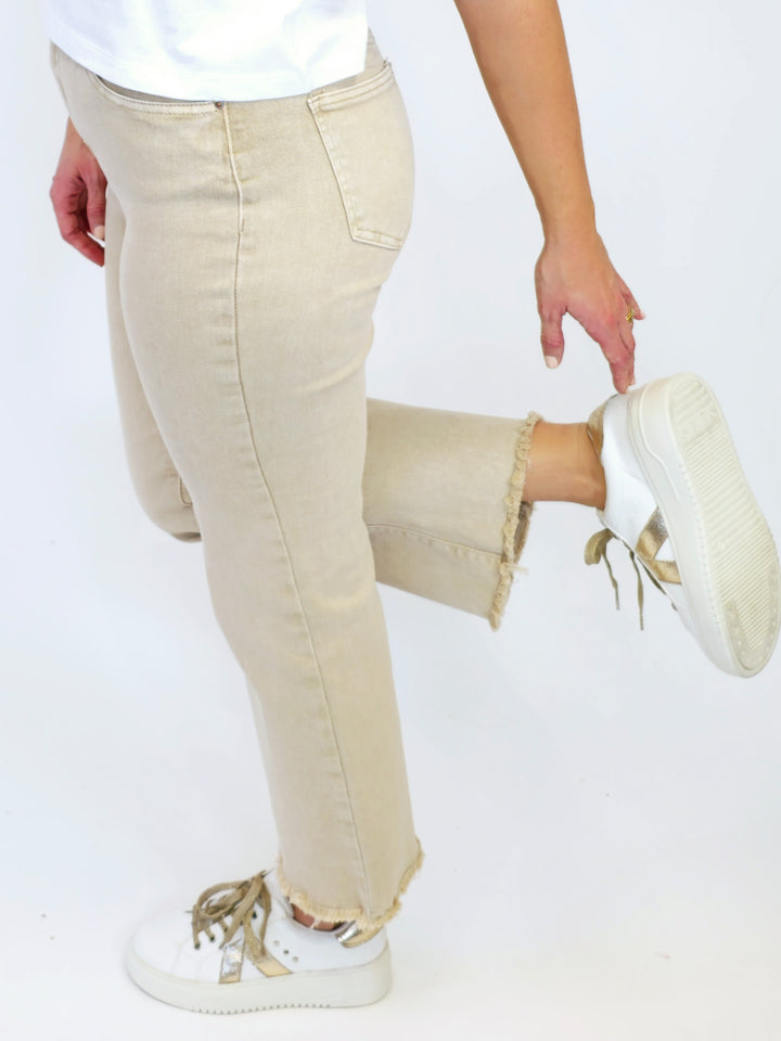 ACID WASHED HIGH WAIST FRAYED HEM BOOTCUT PANTS - SAND BEIGE