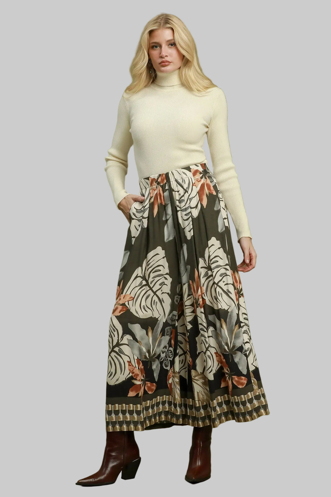 TROPICAL PRINT WIDE LEG PALAZZO PANTS - ESPRESSO/ASH