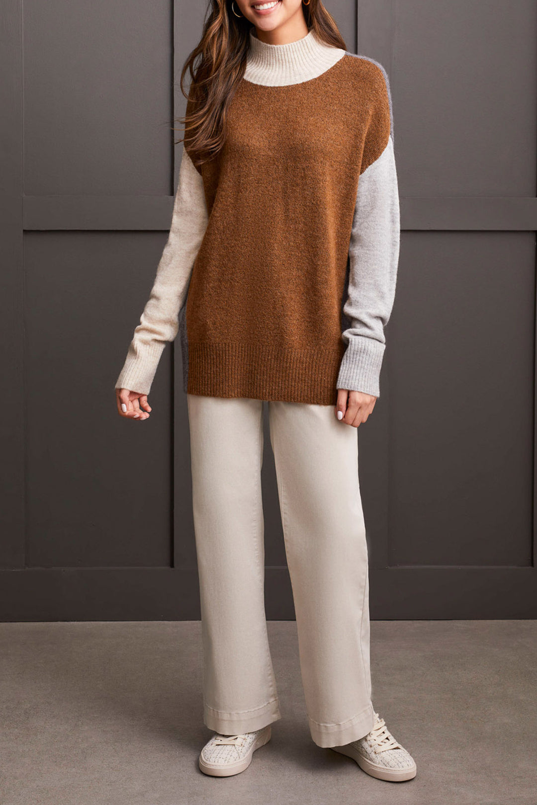 LONG SLEEVE MOCK NECK COLORBLOCK SWEATER - WALNUT