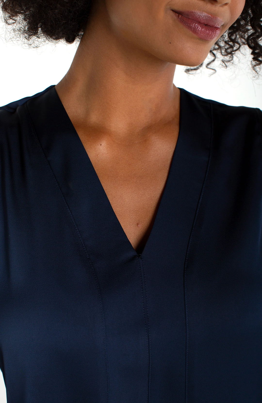 SLEEVELESS V-NECK WOVEN-TO-KNIT TOP - DARK NAVY