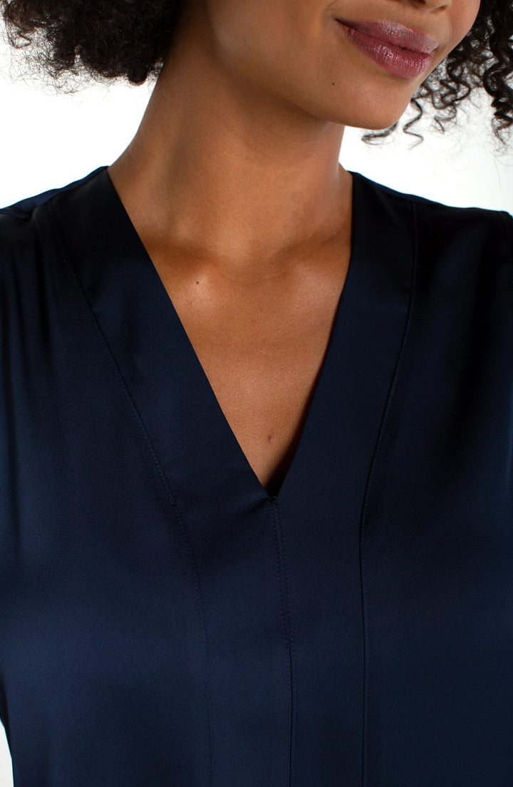 SLEEVELESS V-NECK WOVEN-TO-KNIT TOP - DARK NAVY