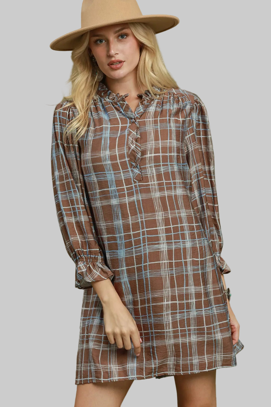 BALLOON SLEEVE PLAID RUFFLE NECK SHORT DRESS - BROWN