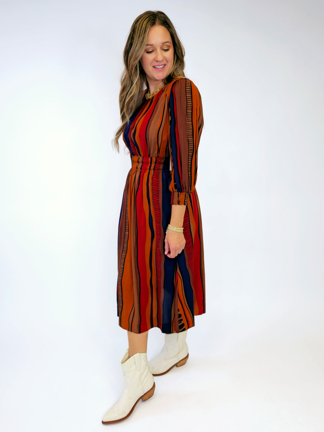 ABSTRACT PRINT SMOCKED WAIST MIDI DRESS - BROWN MIX