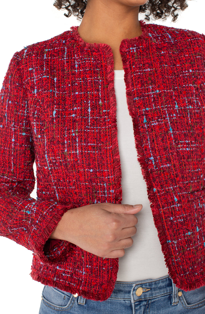 COLLARLESS JACKET W/FRAYED EDGES - RED MULTI BOUCLE
