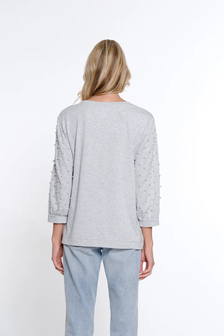 3/4 PUFF PEARL SLEEVE DROP SHOULDER CREW NECK TOP - SKY GREY