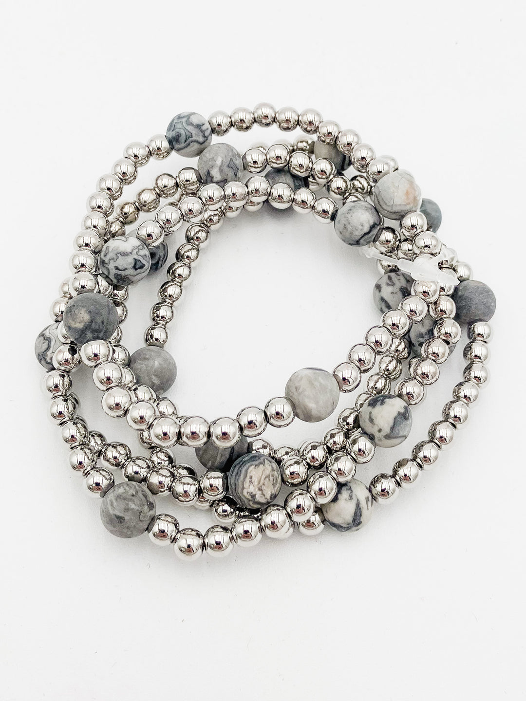 S/5 ROUND STONE STRETCH BRACELETS - SILVER