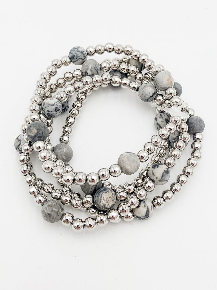 S/5 ROUND STONE STRETCH BRACELETS - SILVER