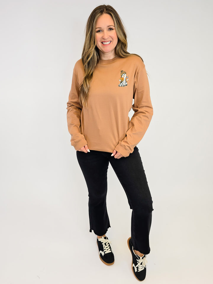 SIMPLY SOUTHERN LONG SLEEVE GHOST TEE - CHESTNUT