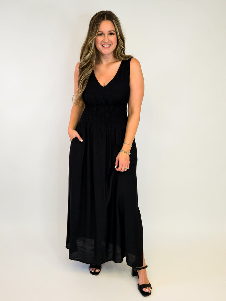 SLEEVELESS SOLID MAXI DRESS W/SMOCKED WAIST - BLACK