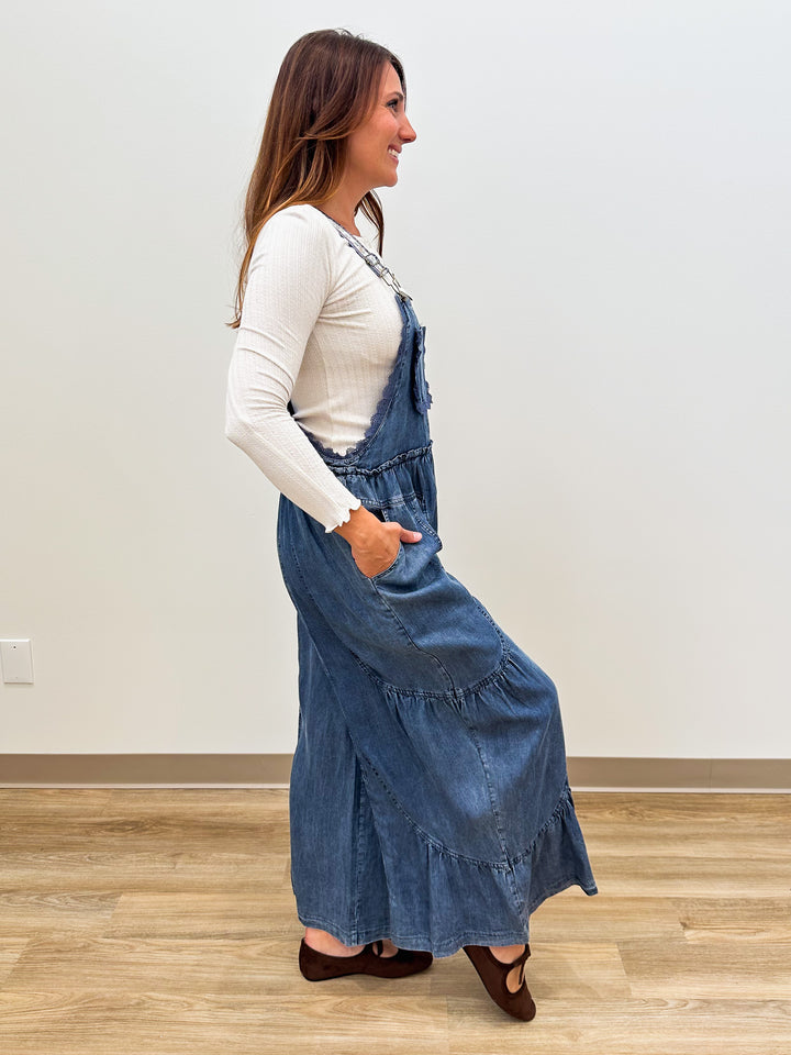 WASHED CHAMBRAY WIDE LEG OVERALLS - DENIM