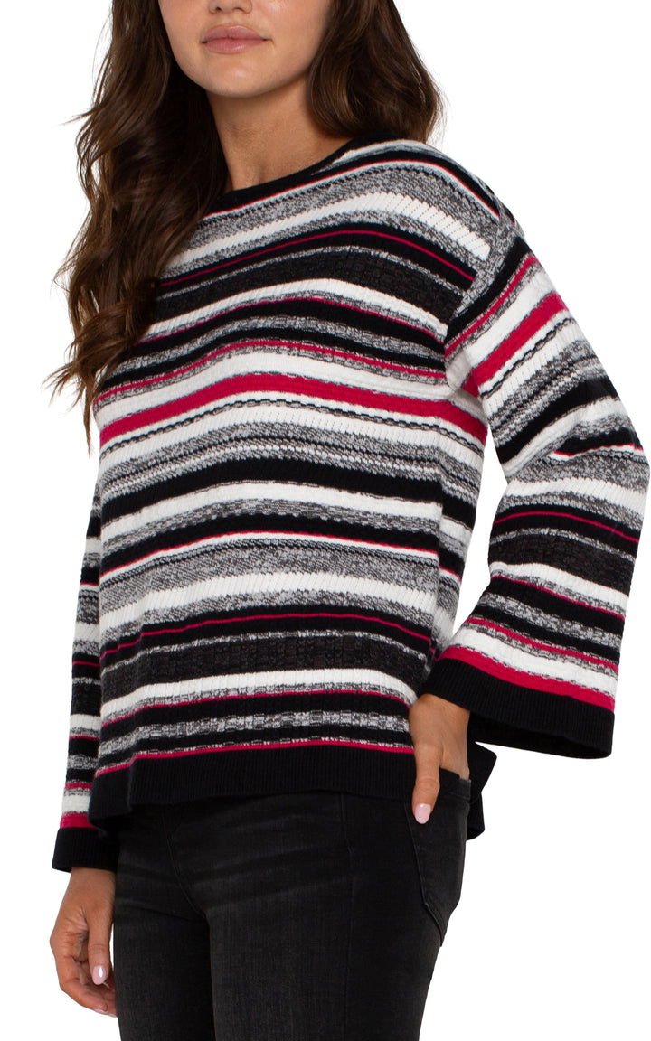 LONG SLEEVE BOAT NECK SWEATER - BLACK/RUBY/WHITE STRIPE