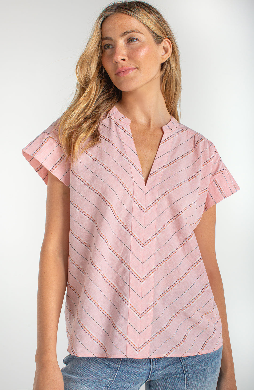 SHORT SLEEVE POPOVER WOVEN TOP - PINK MULTI STRIPE