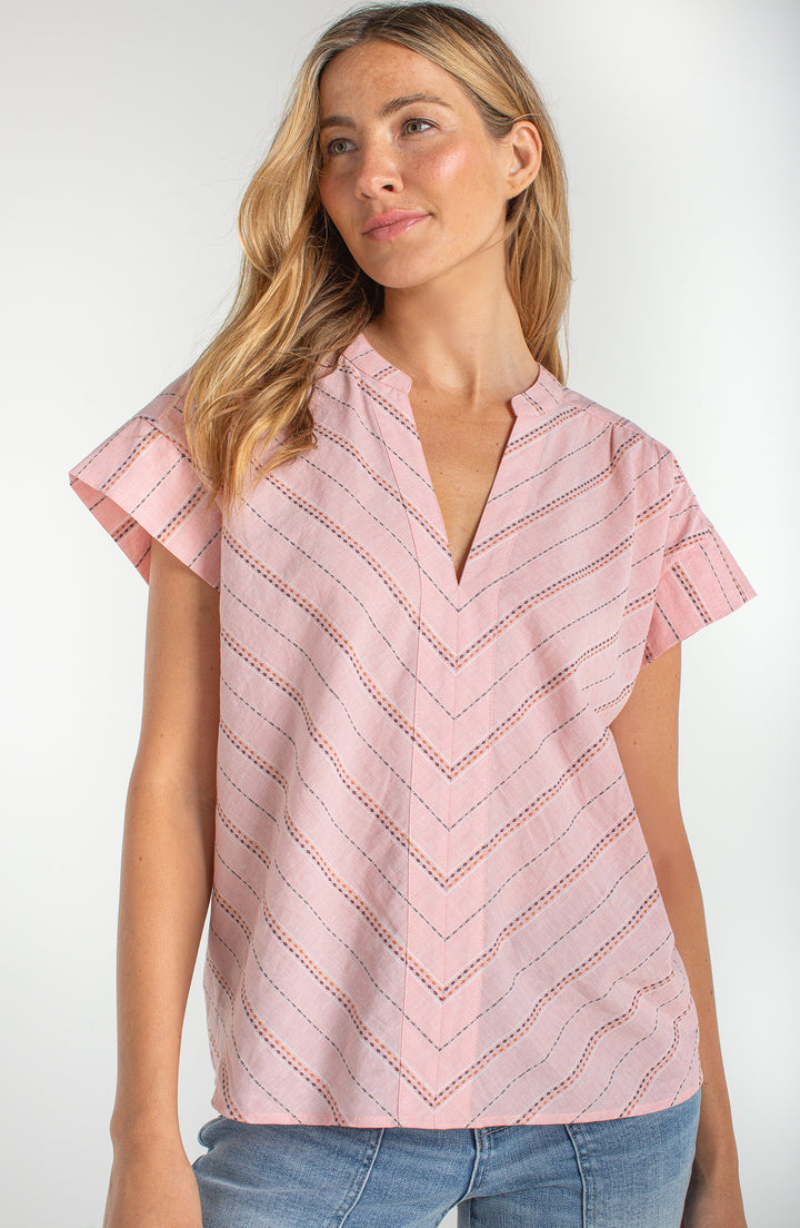 SHORT SLEEVE POPOVER WOVEN TOP - PINK MULTI STRIPE