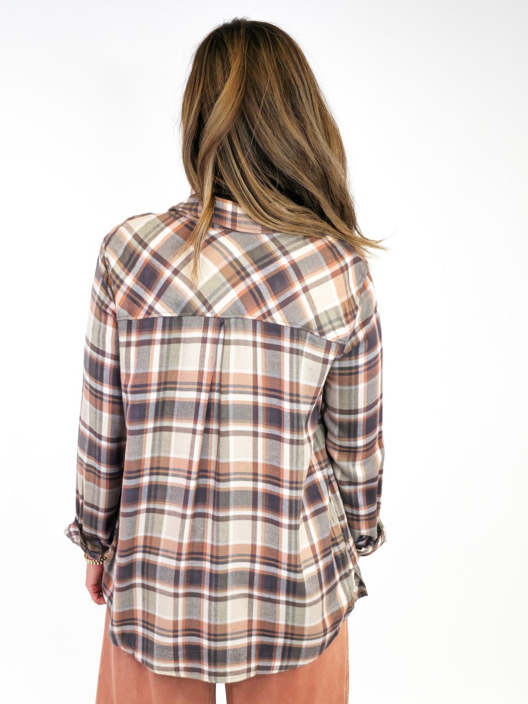 LONG SLEEVE BUTTON FRONT CLASSIC FLANNEL - BURNT ORANGE/SAGE