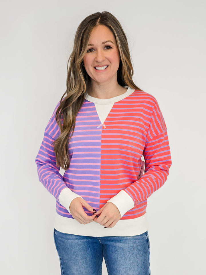 COLOR TRIMMED STRIPE BLOCKED SWEATSHIRT - PURPLE/VANILLA