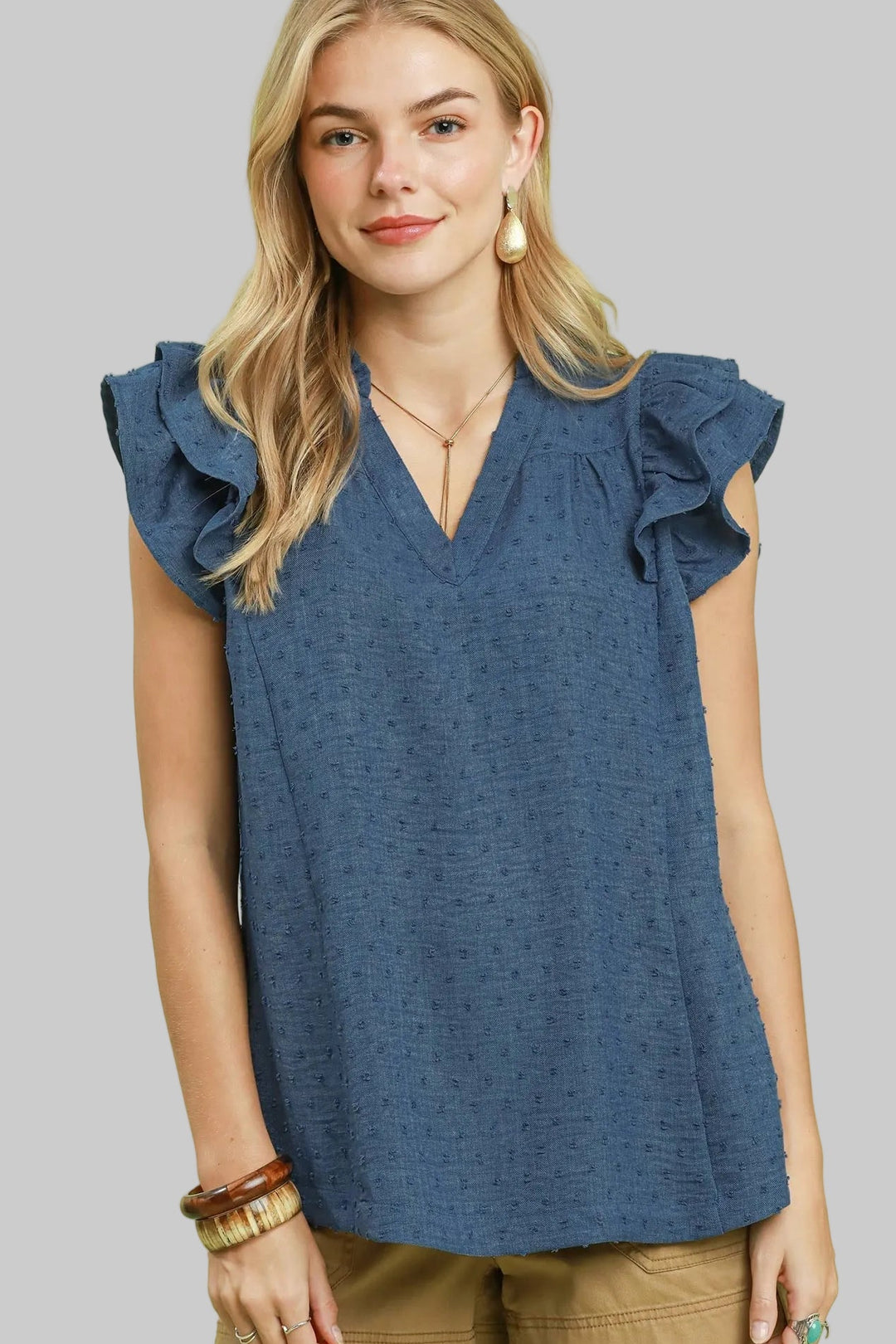 DOUBLE RUFFLE SLEEVE TEXTURED TOP - DENIM