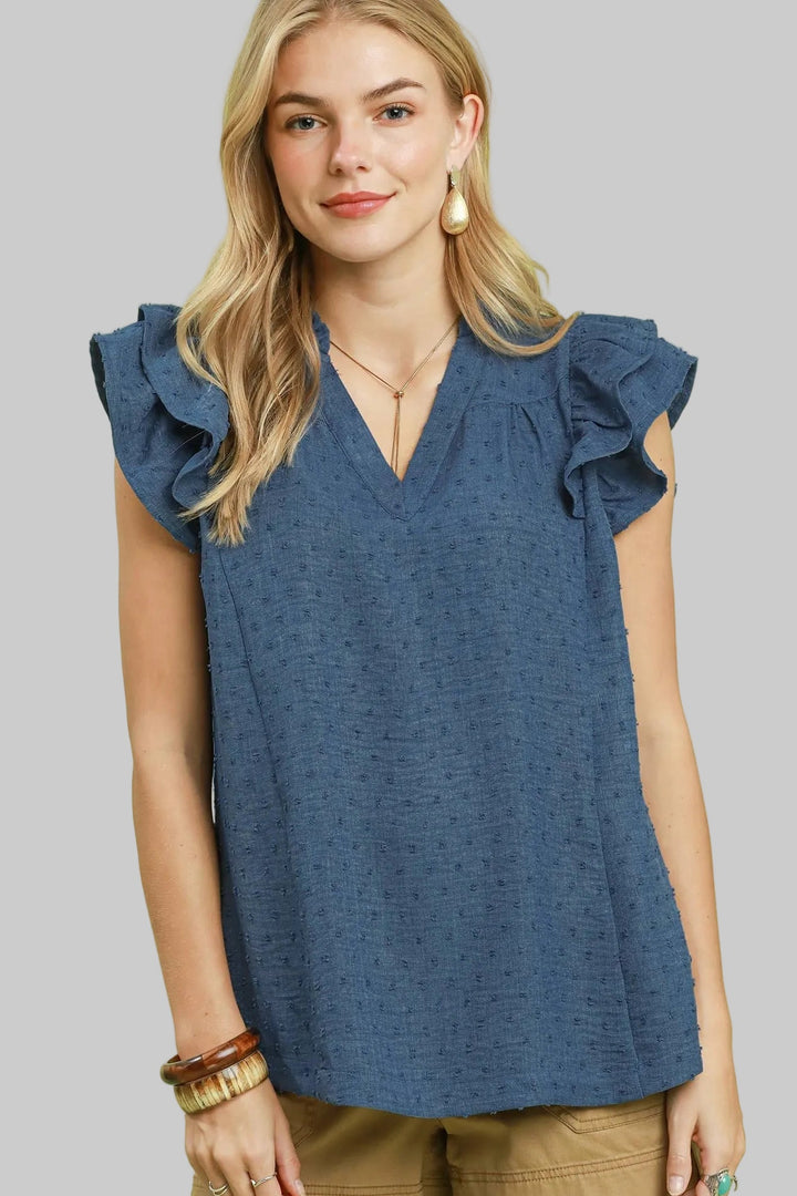 DOUBLE RUFFLE SLEEVE TEXTURED TOP - DENIM