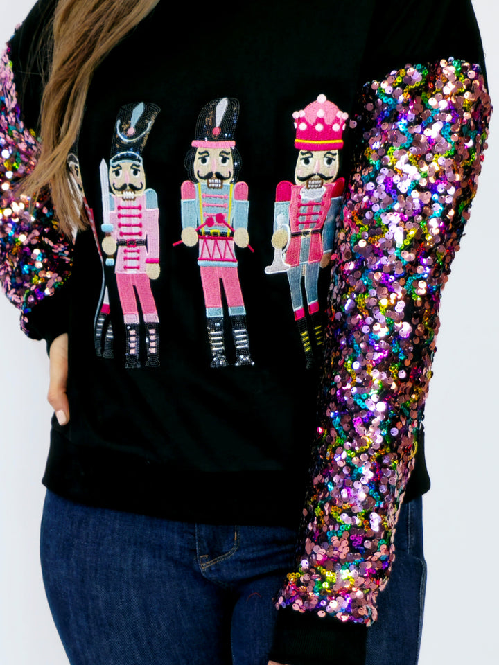 SEQUIN SLEEVE NUTCRACKER HOLIDAY SWEATSHIRT - BLACK