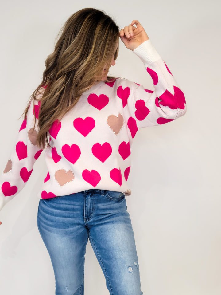 LONG SLEEVE HEART PATTERN SWEATER TOP W/PEARL ACCENT - OFF WHITE/PINK