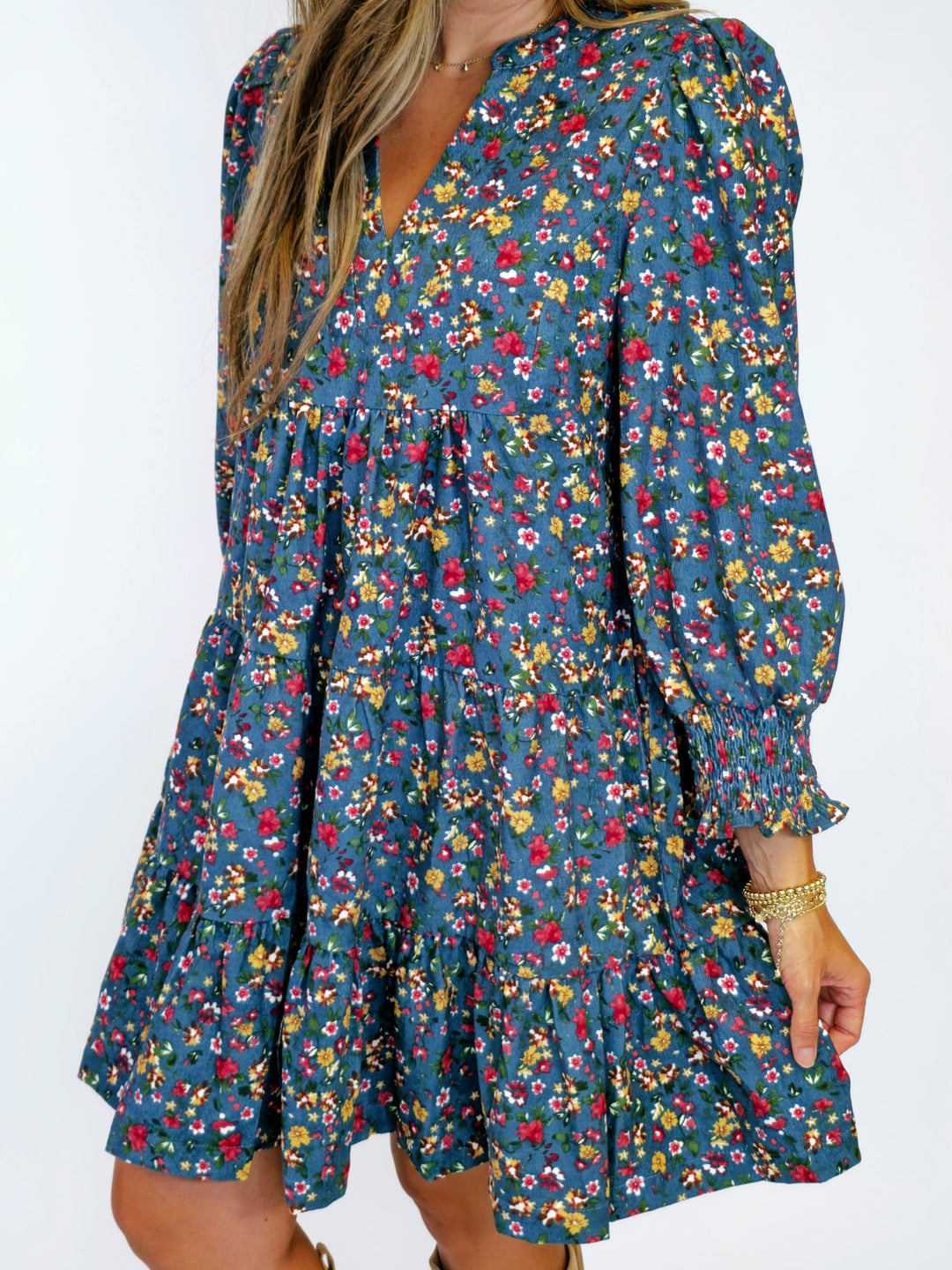 FLORAL CORDUROY TIERED SMOCKED LONG SLEEVE DRESS - DUSTY BLUE