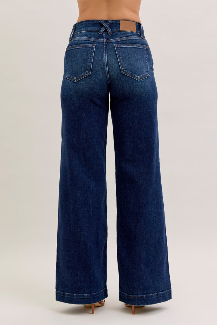 JUDY BLUE HIGH WAIST TROUSER WIDE LEG JEANS - 33" INSEAM - DARK