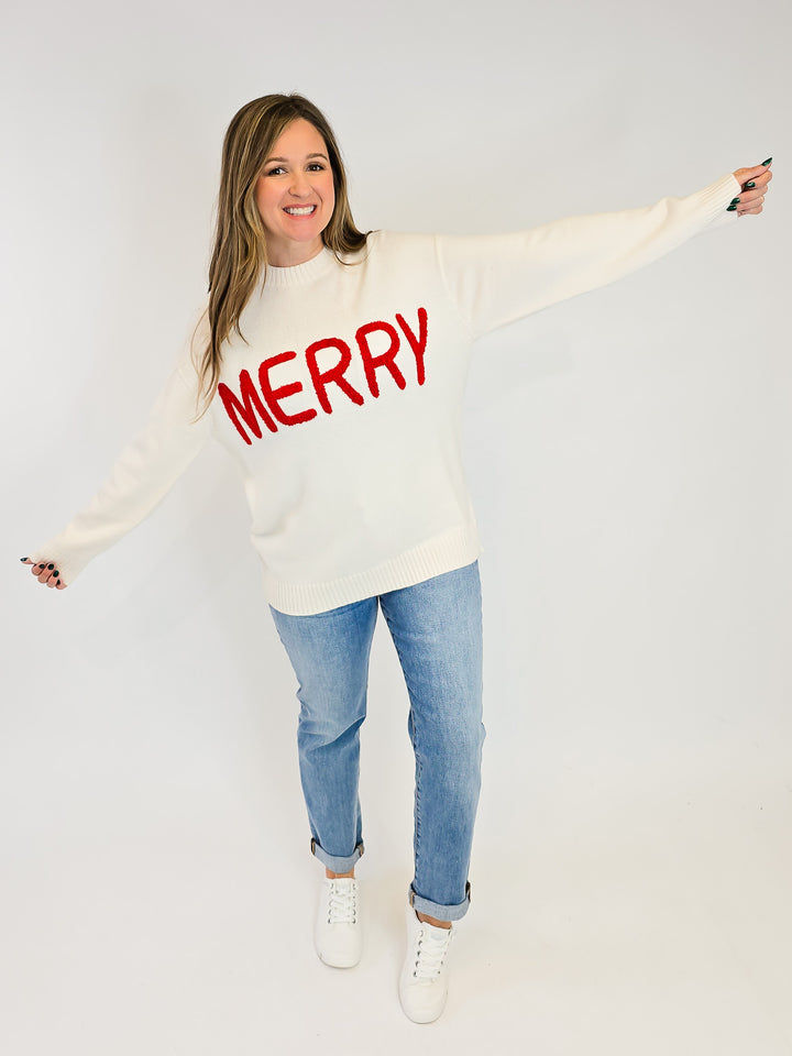 MERRY MOMENTS CHENILLE LETTER SWEATER - WHITE