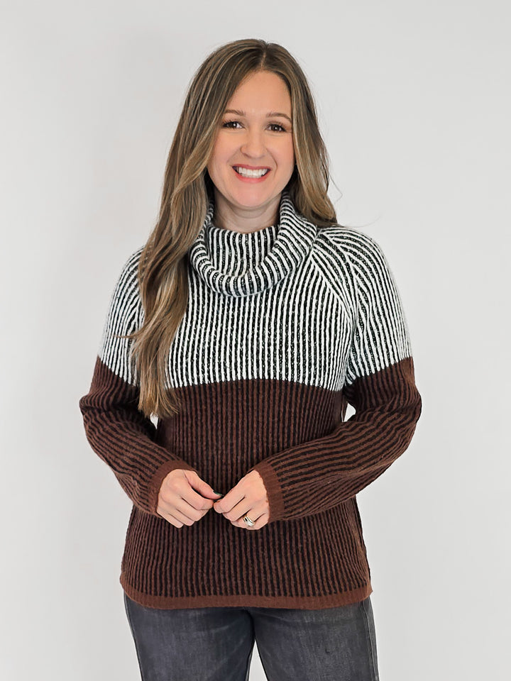 STRIPED COWL NECK KNIT SWEATER - BLACK/BROWN