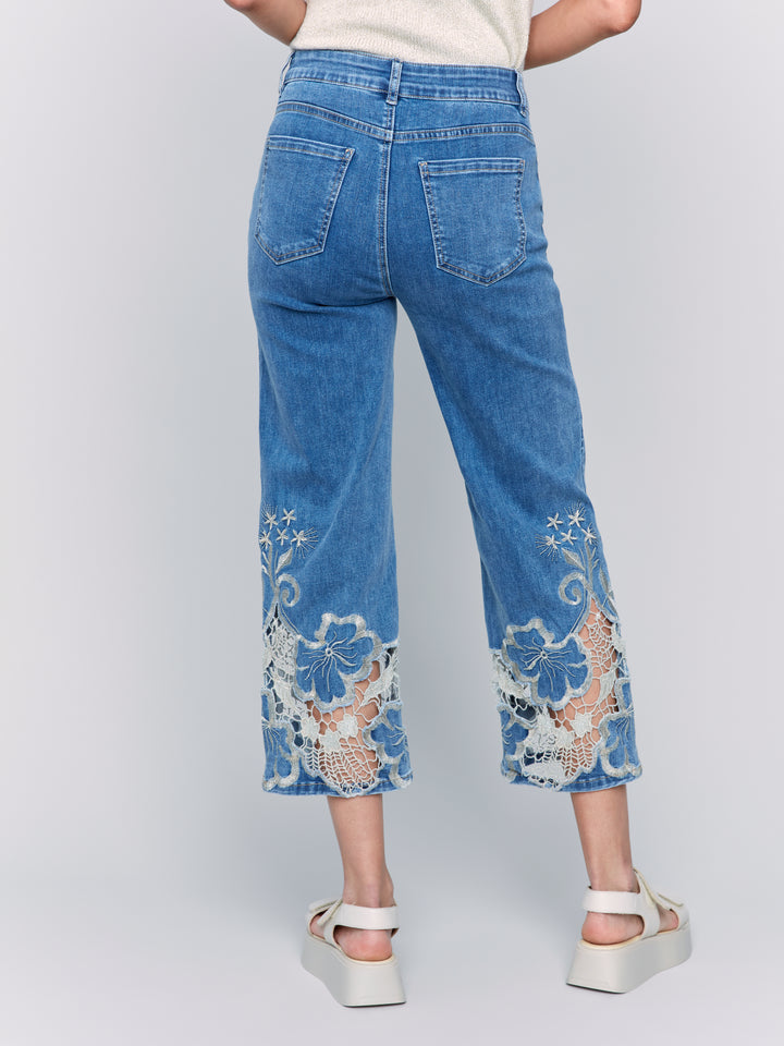 FLARE LEG PANT W/LASER CUT LACE HEM - MED BLUE