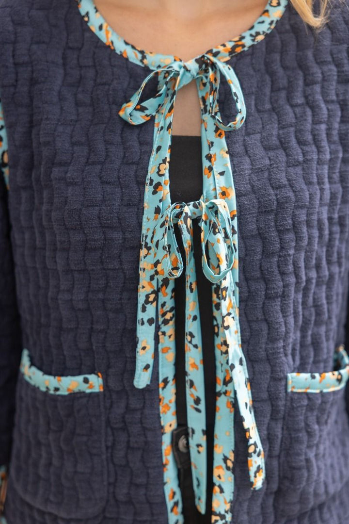 3/4 SLEEVE TERRY VELOUR JACKET W/CONTRAST BINDING - NAVY