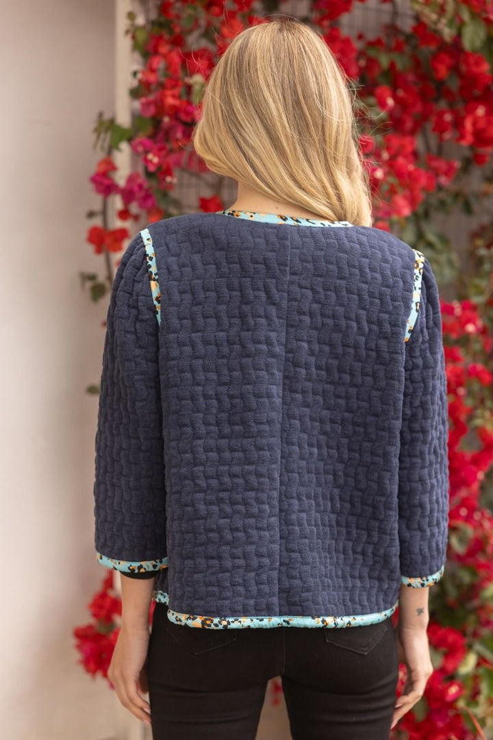 3/4 SLEEVE TERRY VELOUR JACKET W/CONTRAST BINDING - NAVY