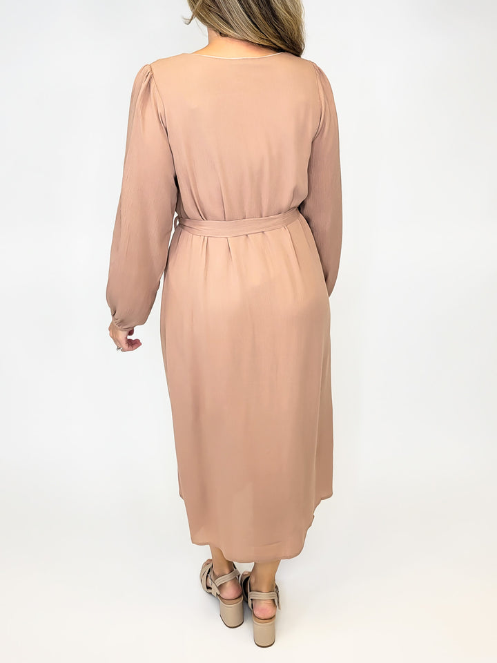 Midi Length Lined Tan Dress w/ Buttons - Tan Mocha