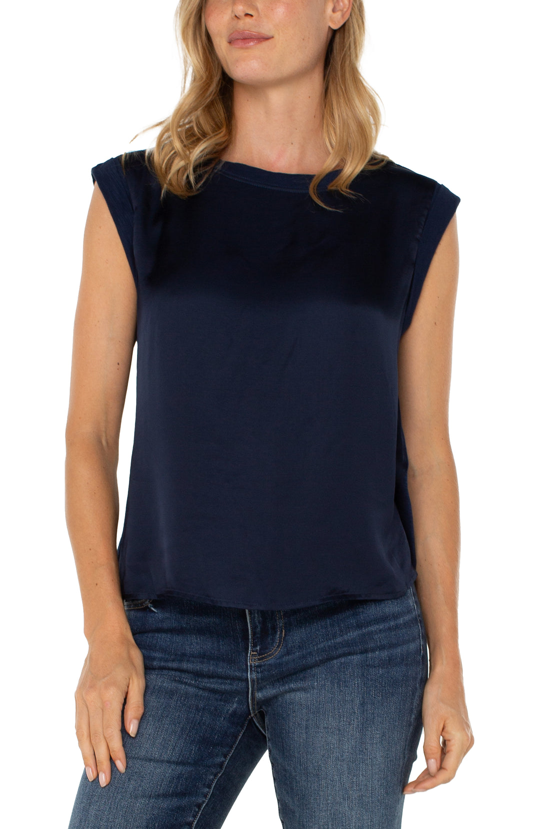 SLEEVELESS WOVEN KNIT TOP - DARK NAVY