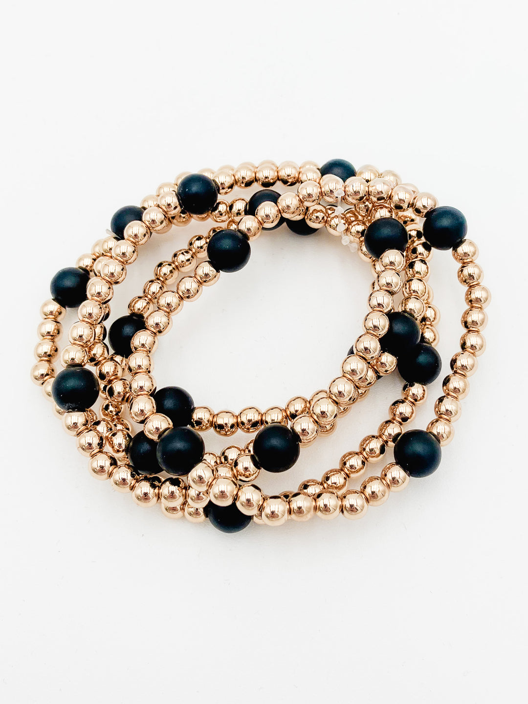S/5 ROUND STONE STRETCH BRACELETS - GOLD/BLACK