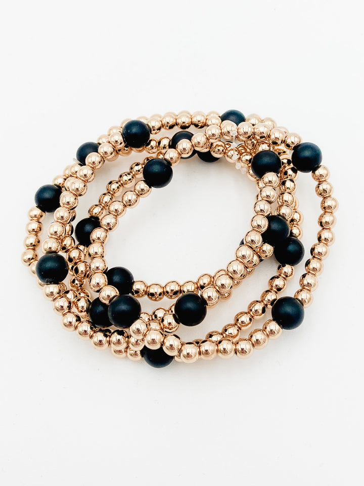 S/5 ROUND STONE STRETCH BRACELETS - GOLD/BLACK