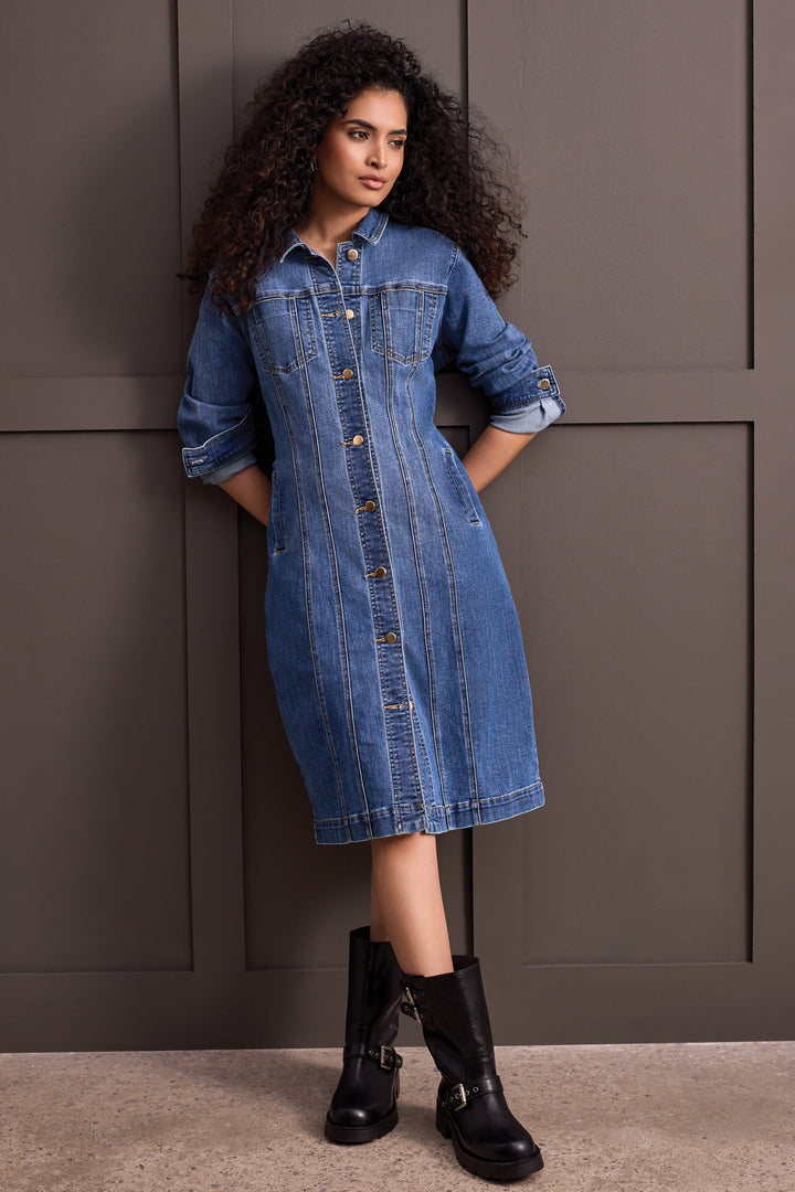 LONG FITTED DENIM DRESS JACKET - PORT BLUE