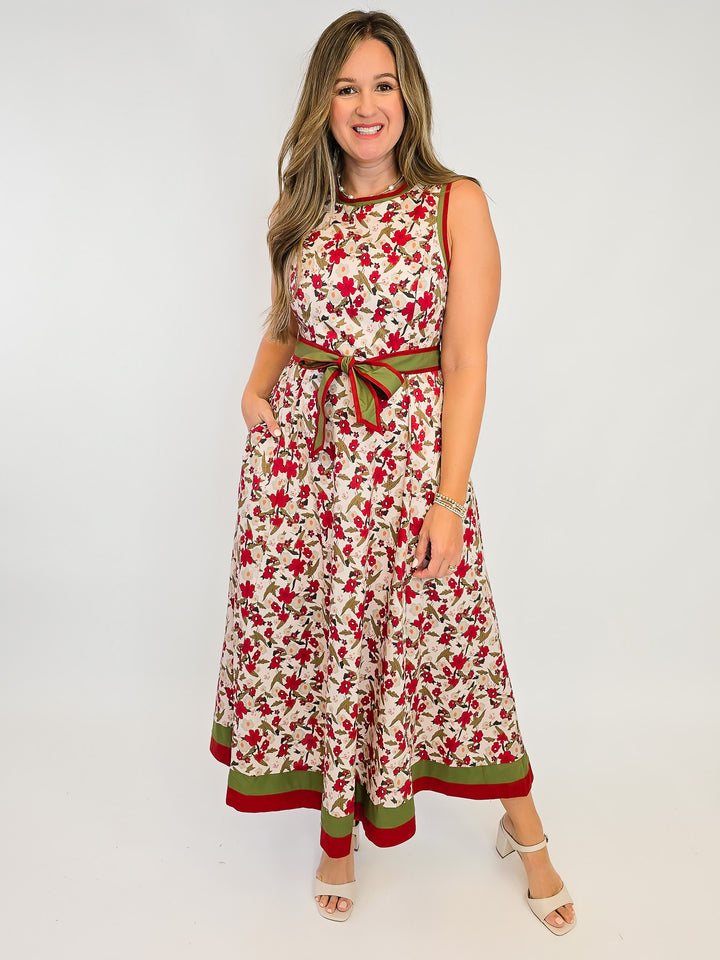 SLEEVELESS FLORAL PRINT MIDI DRESS W/BELT - ECRU