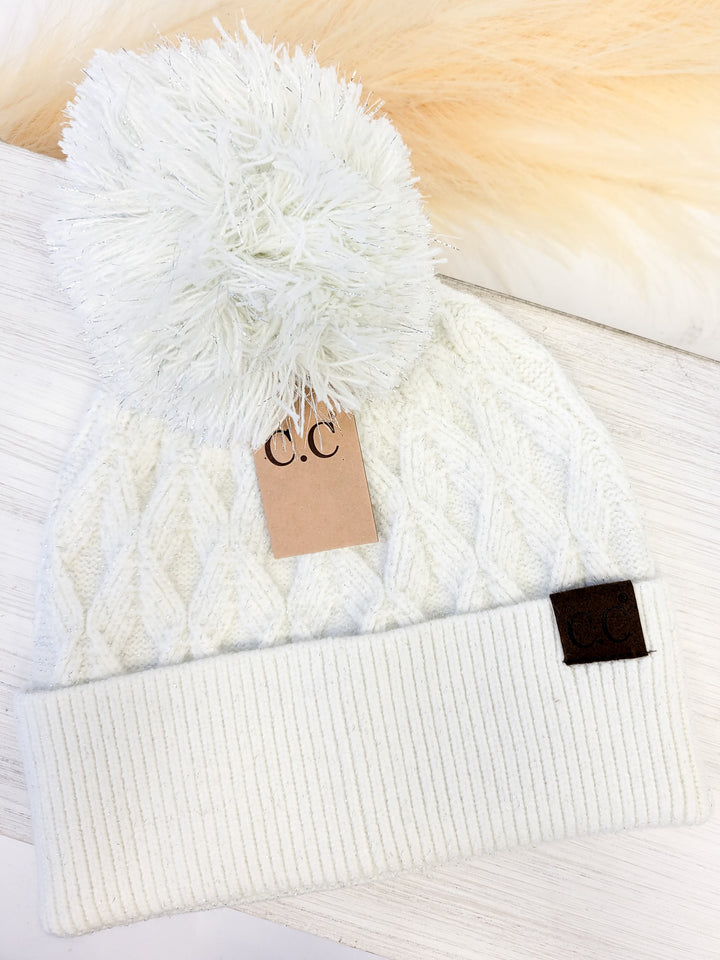 LUREX CABLE POM BEANIE, IVORY