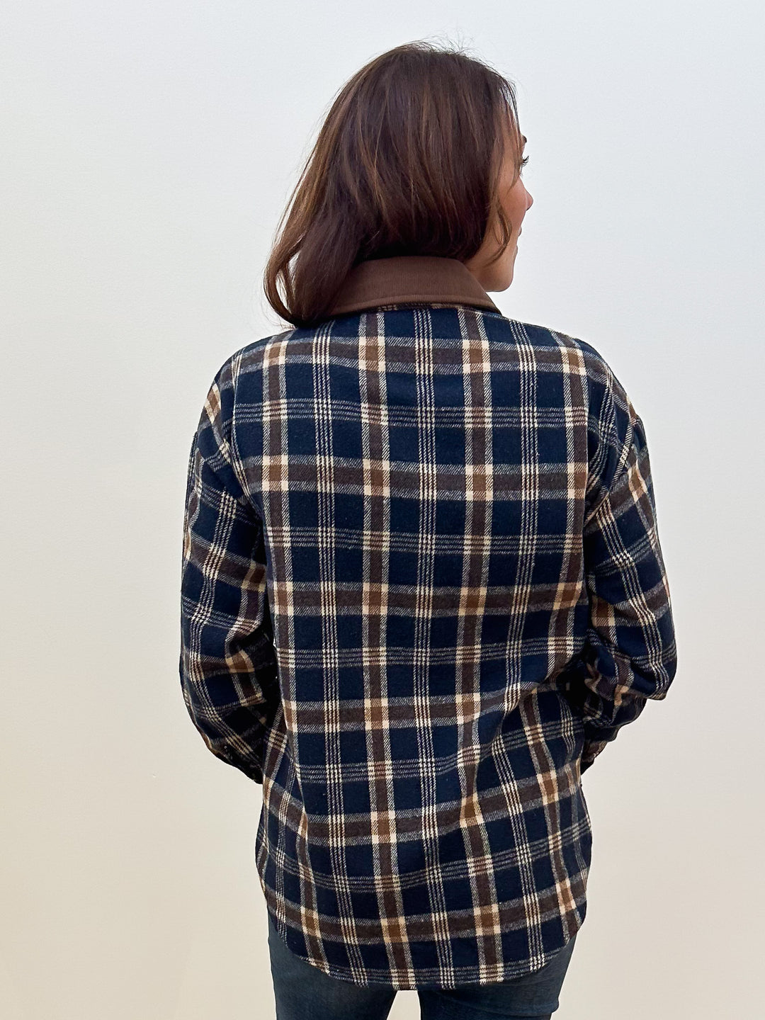 LONG SLEEVE CONTRAST COLLAR BUTTON SHACKET - NAVY