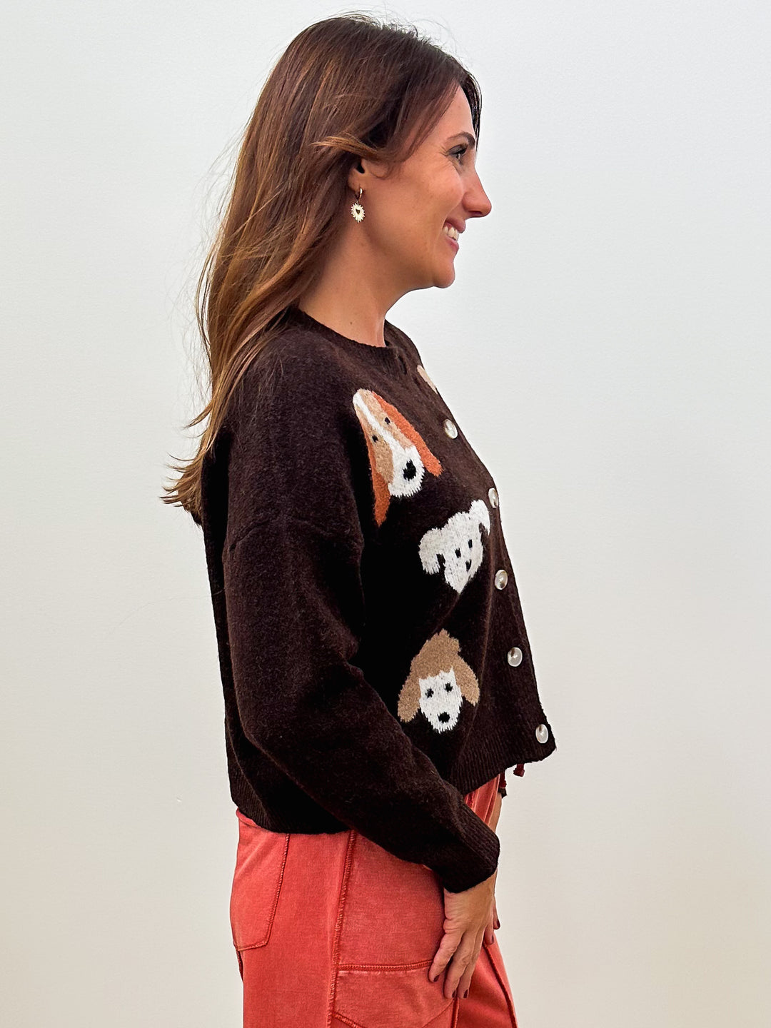 L/S DOG FACE COZY KNIT CARDIGAN - BROWN
