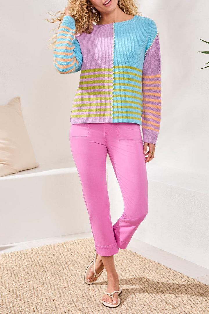 MULTI STRIPE TEXTURED BOAT NECK SWEATER - LILAC ROSE