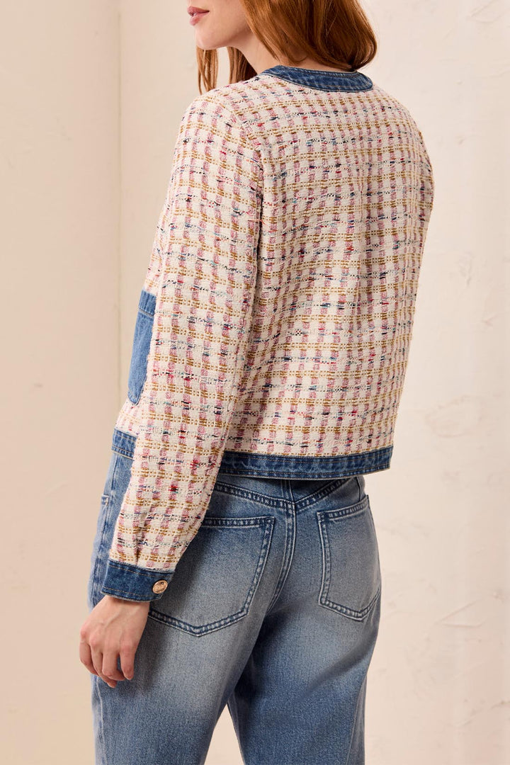 LONG SLEEVE MIX MEDIA TWEED/DENIM JACKET WITH FANCY SNAPS - NOSTALGIA