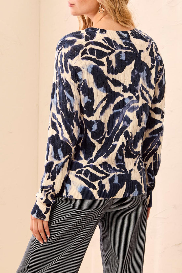 LONG SLEEVE PRINTED CABLE COTTON CREW NECK SWEATER - BLUE FOG