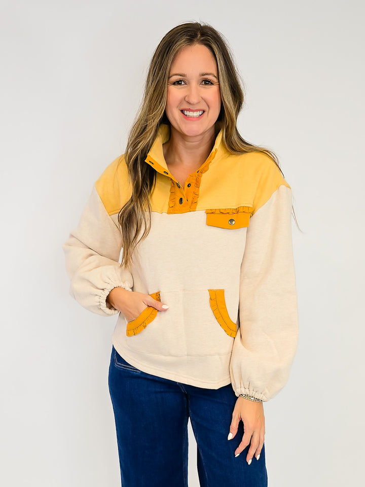COLOR BLOCK QUARTER SNAP BUTTON SWEATSHIRT - OATMEAL