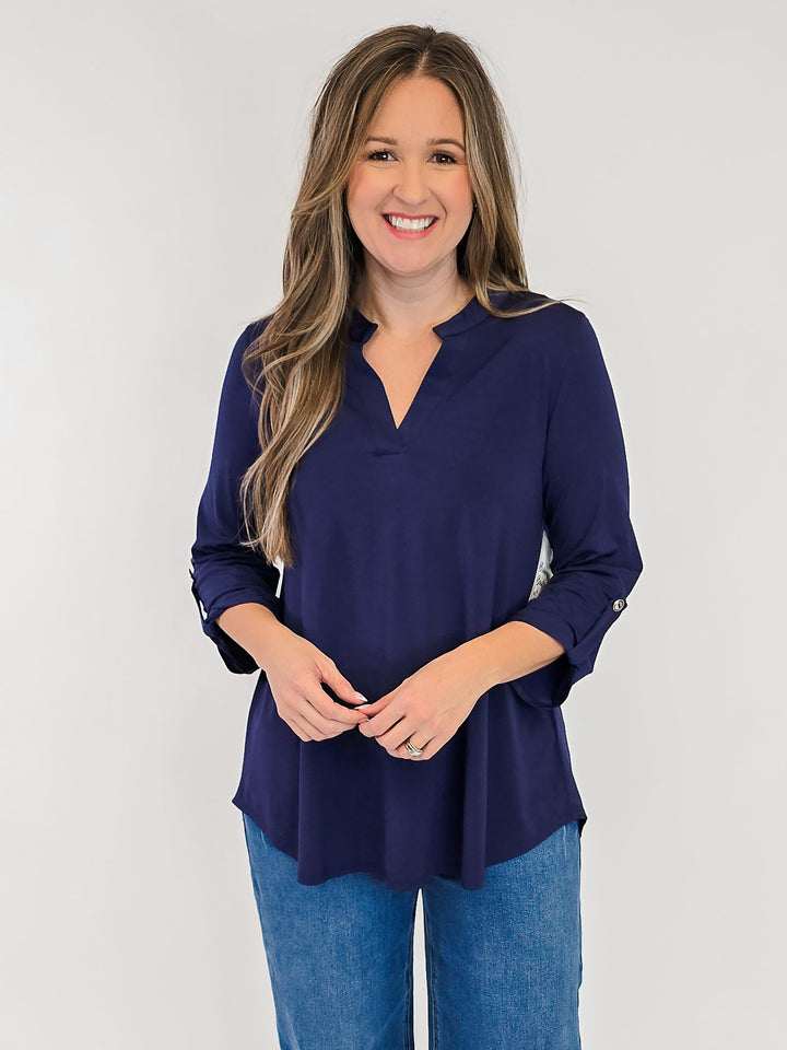DEAR SCARLETT LIZZY 3/4 SLEEVE SOLID TOP - NAVY