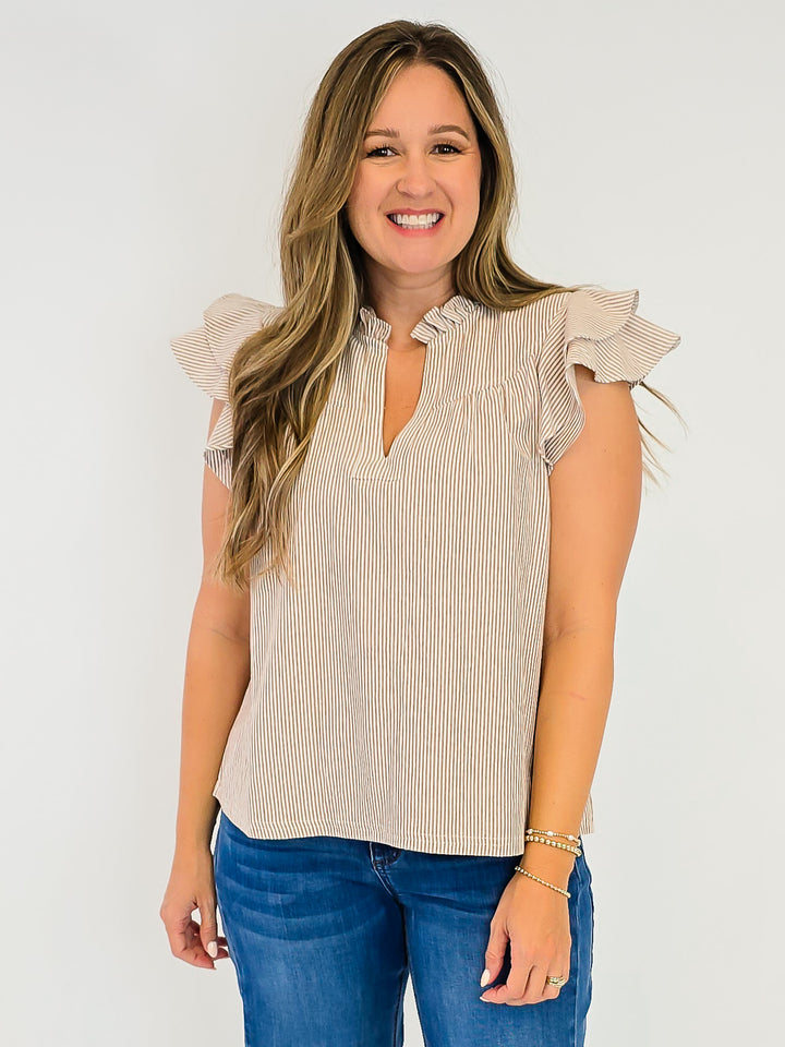 RUFFLE SLEEVE STRIPED NOTCHED V-NECK TOP - COCO