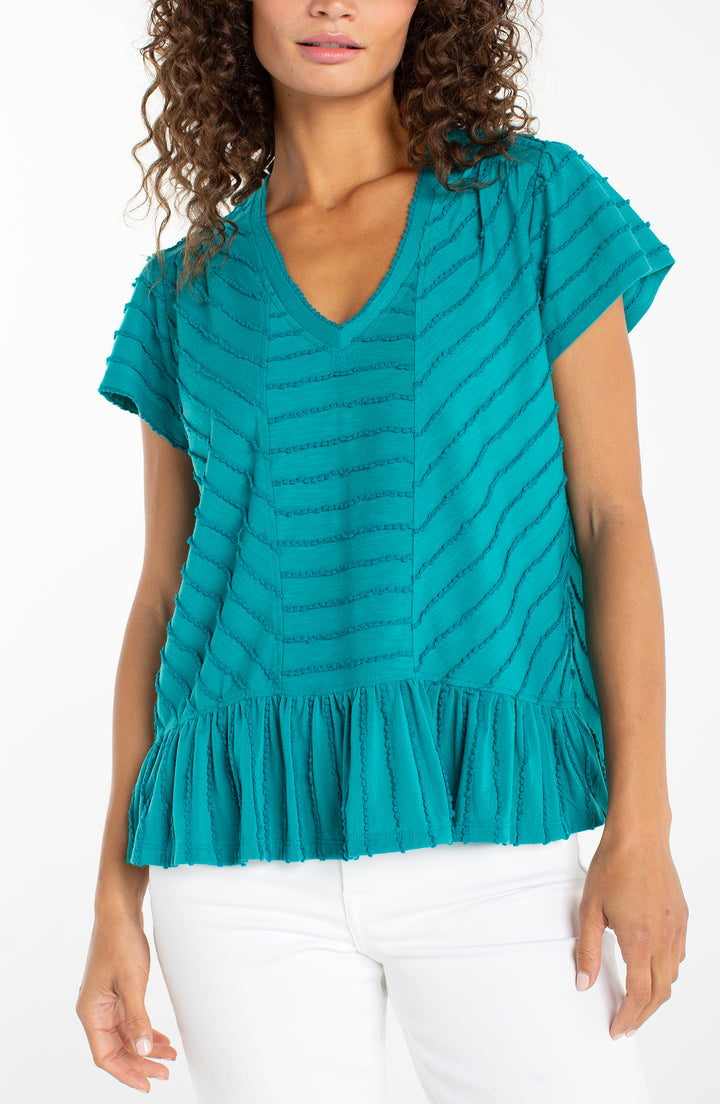 SHORT SLEEVE V-NECK KNIT TOP W/MITER DETAIL - TEAL TIDE